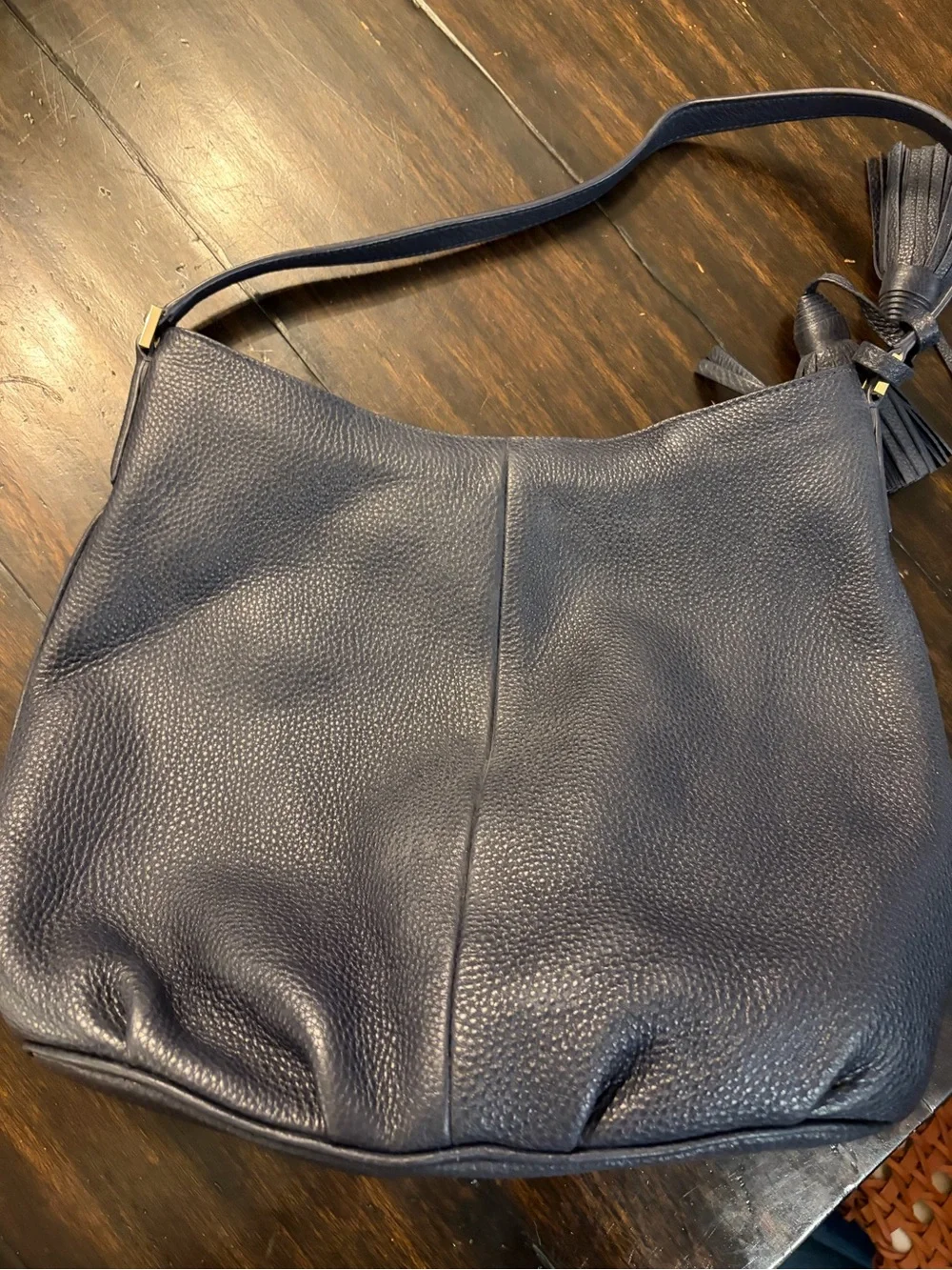 Tory Burch Navy Pebbled Leather Shoulder Hobo with Tassel
